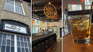 From left: the entrance, interior and a drink at The Black Raspberry in Plymouth, Massachusetts.